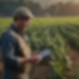 A farmer analyzing crop data on a digital tablet