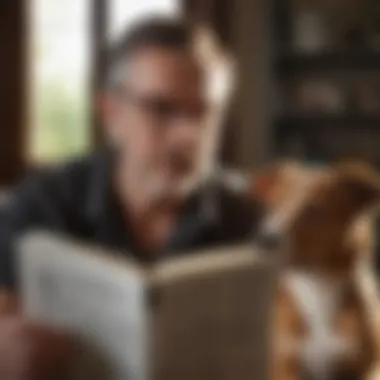 Reading Testimonials on Aminavast Pet owner reading testimonials about Aminavast effectiveness