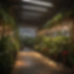 A vibrant indoor garden illuminated by a variety of grow lights showcasing different light spectrums.