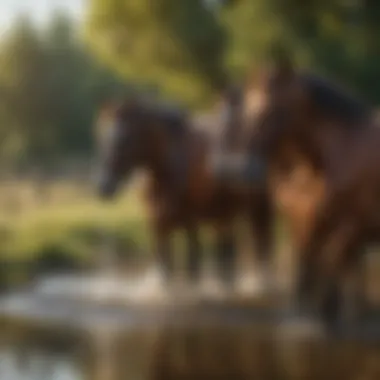 Happy horses near water dispensers