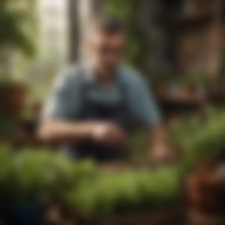 A gardener tending to thriving plants grown from a seed kit, showcasing healthy growth and lush foliage