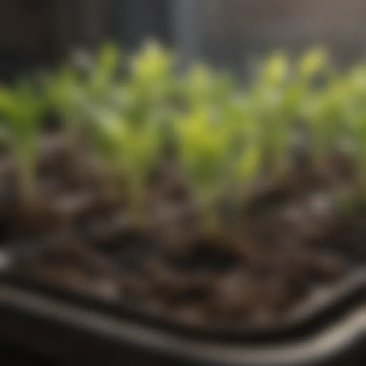 Close-up of seedlings emerging from a biodegradable seed tray in a well-lit indoor garden