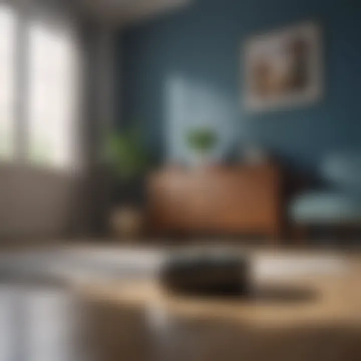 Blue Roomba navigating around furniture in a living room