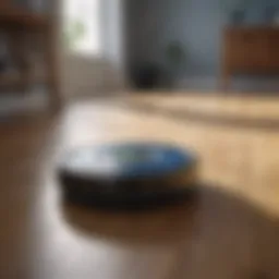 Blue Roomba robotic vacuum in operation on wooden floor
