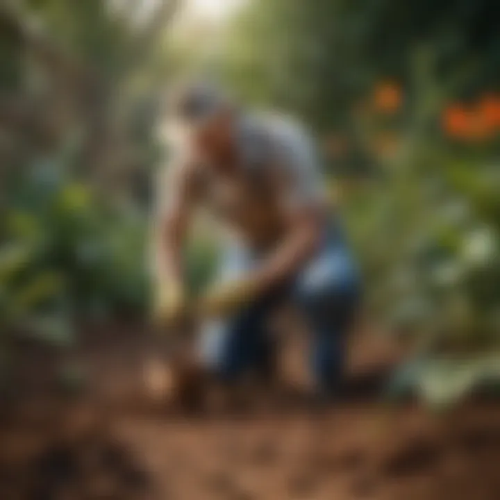 Gardener applying Bush Doctor Coco Loco potting soil around young plants.