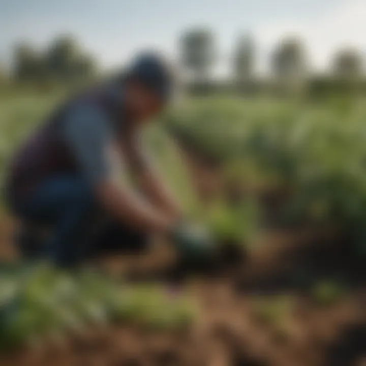 A gardener applying fertilizer to plants