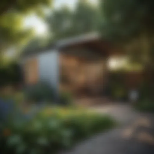 A modern canvas shed in a serene garden setting