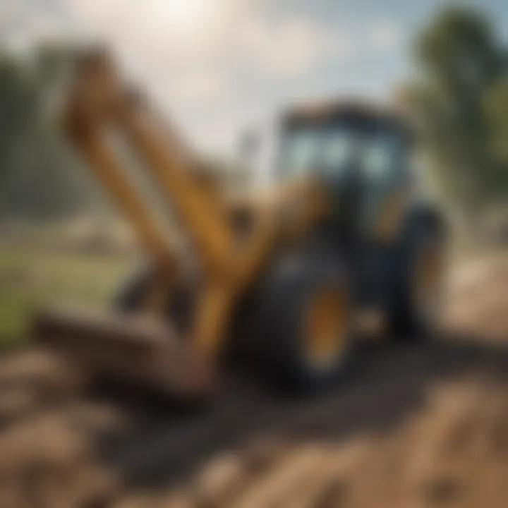 A Case backhoe equipped with pallet forks in action on a farm.