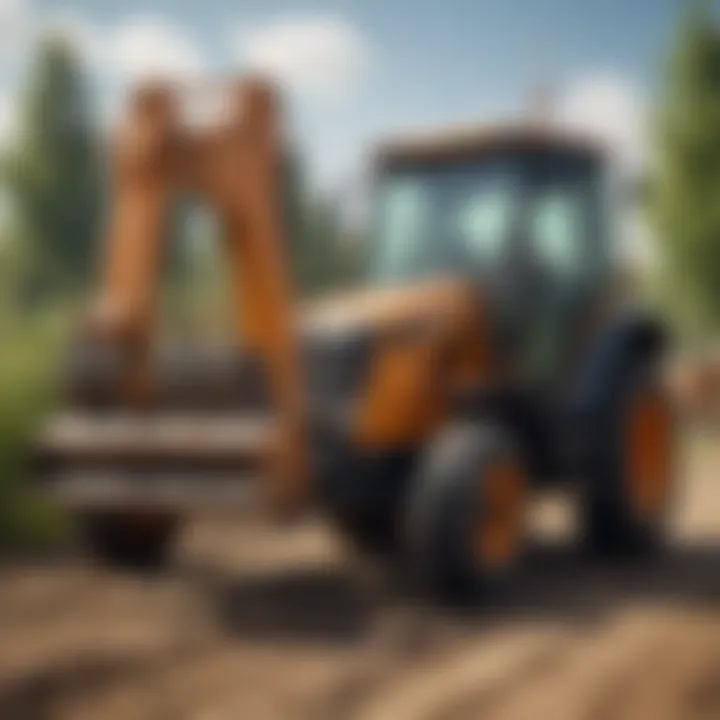 An agricultural worker using Case backhoe pallet forks for loading materials.