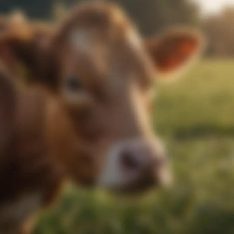 A close-up of a healthy cow grazing in a field, symbolizing the importance of livestock health.