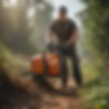 Chainsaw Brush Cutter in Action on Farm Chainsaw brush cutter in agricultural use