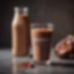A glass of rich chocolate milk alongside a lactose-free label
