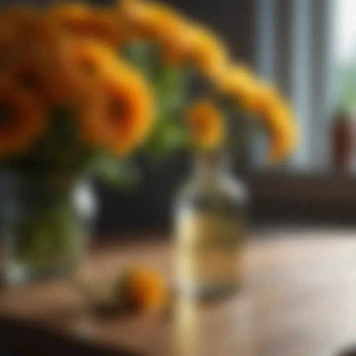 A bottle of pesticide next to chrysanthemum flowers