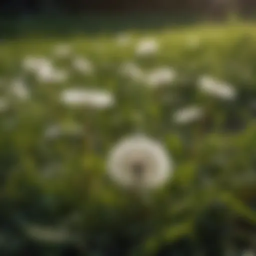 Close-up of dandelion leaves in a lawn