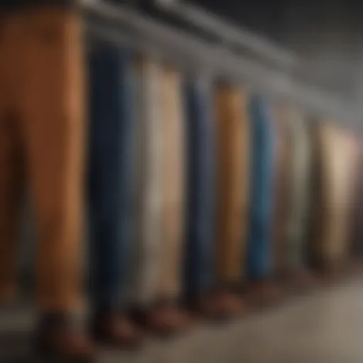 A variety of pants styles displayed on a rack, showcasing fabrics and textures.