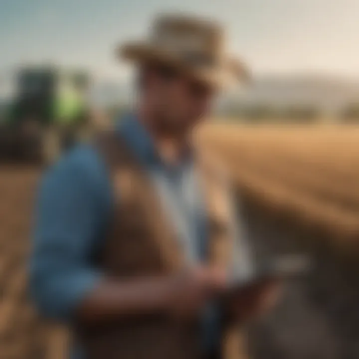 Farmers analyzing land survey data on a digital device.