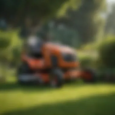 Various types of lawn care machines arranged in a garden setting
