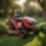 A well-maintained used Toro riding mower in a lush garden