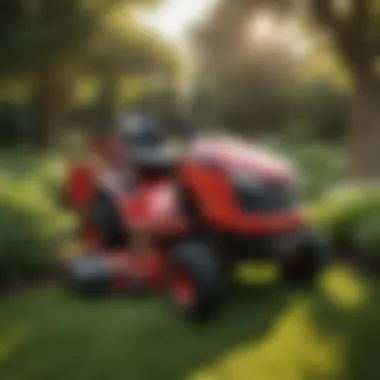 A well-maintained used Toro riding mower in a lush garden