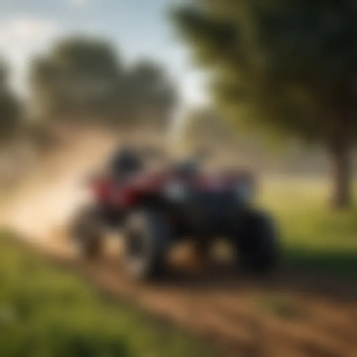 An ATV equipped with a pull-type sprayer in a lush agricultural field applying fertilizer