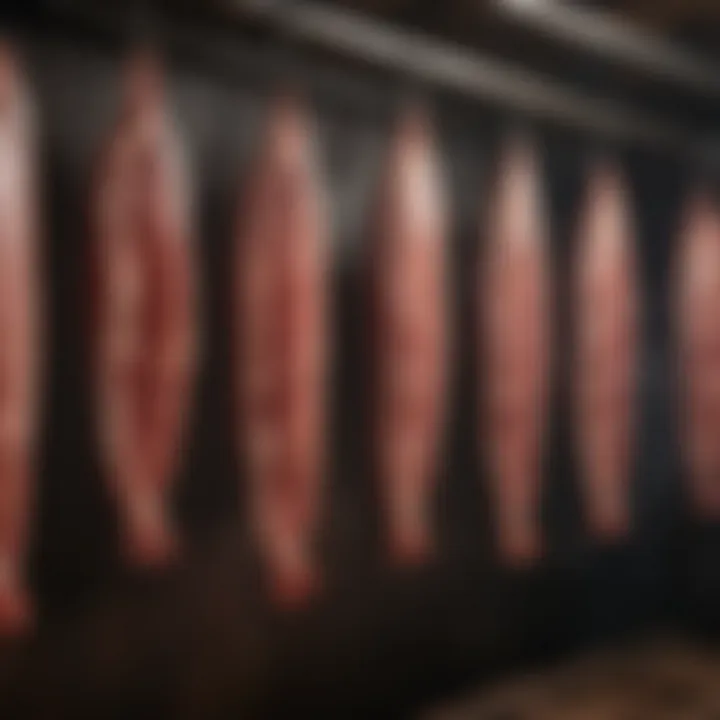 Various types of meats hanging inside a smokehouse