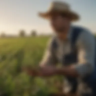 A farmer examining crops in a field, highlighting sustainable practices