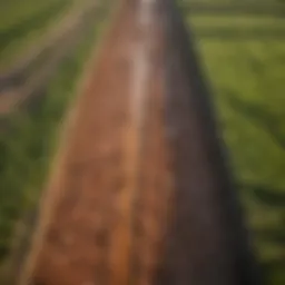 Aerial view of a well-structured brick drainage channel in a rural setting