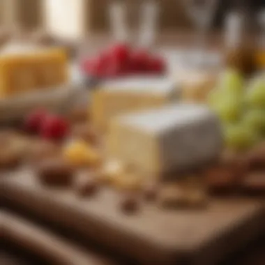 A close-up of cheese pairing with fruits and nuts on a table