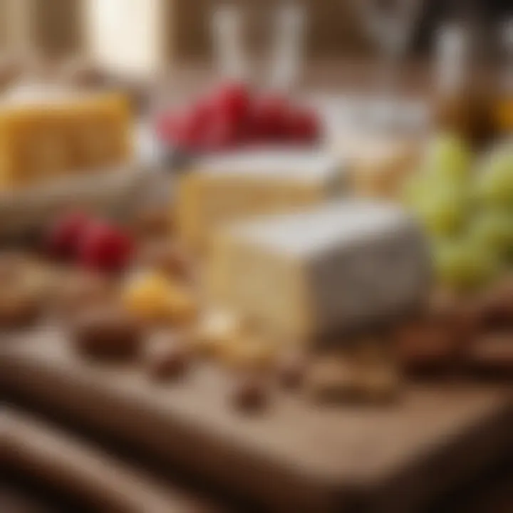 A close-up of cheese pairing with fruits and nuts on a table