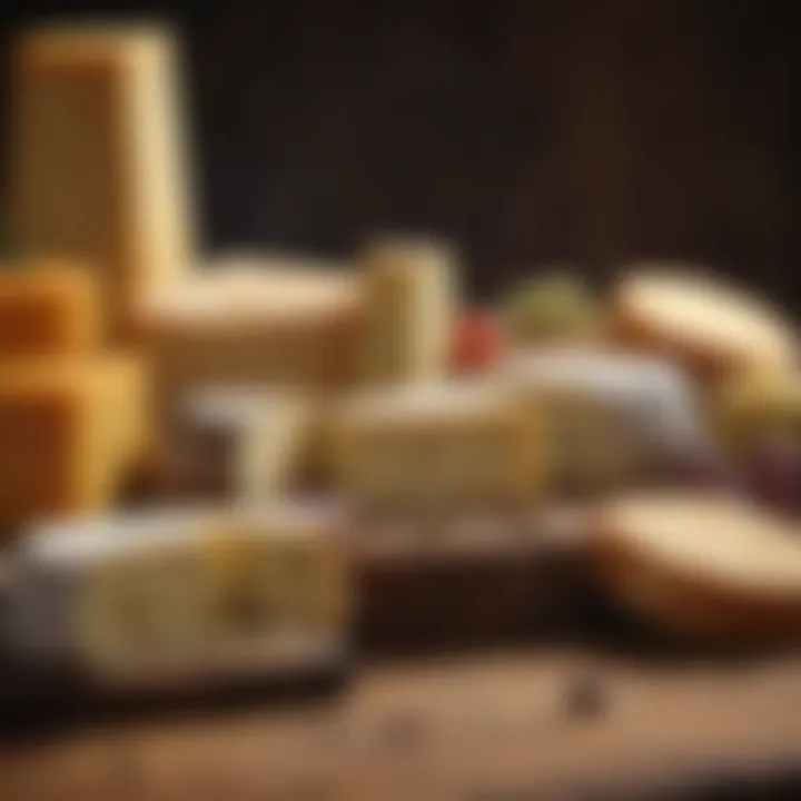 A variety of cheeses displayed on a rustic wooden board