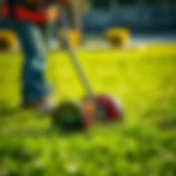 A powerful lawn brush cutter in action on a lush green lawn