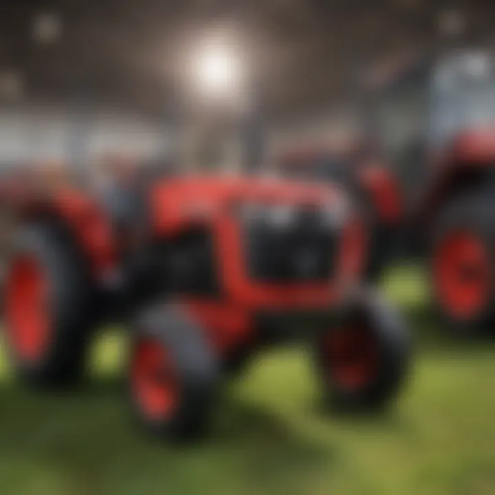 Close-up of Mahindra tractors and agricultural equipment on display.