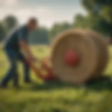 A farmer demonstrating the use of a manual hay cutter in a lush meadow