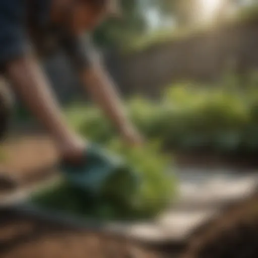 Close-up of weed control cloth in a garden setting