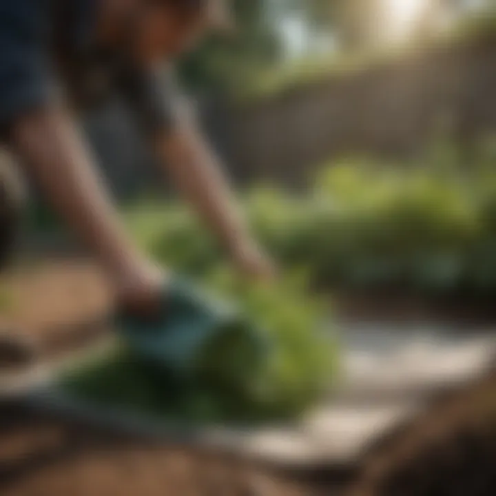 Close-up of weed control cloth in a garden setting