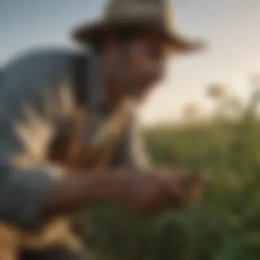 A farmer inspecting crops after using insect killer spray