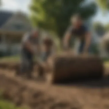 Professional Sod Laying Team A professional team working diligently to lay sod in a residential yard.