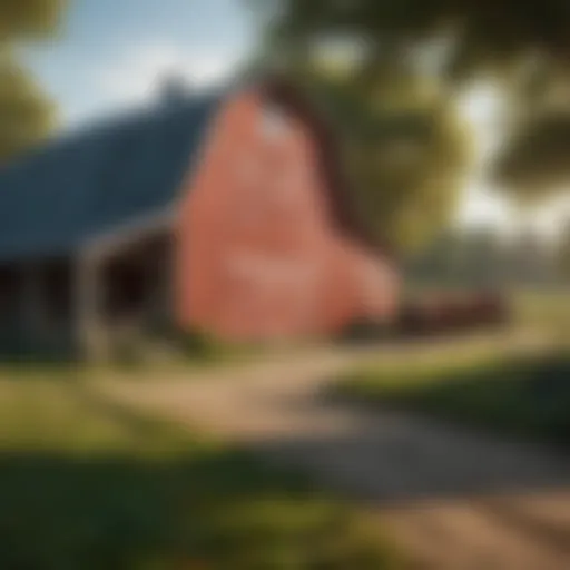 A tranquil farm landscape with a unique barn