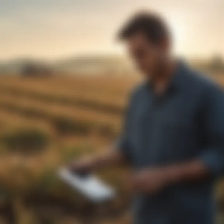 A farmer analyzing financial data on a tablet in a field