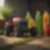 Different types of oils for lawn mowers displayed in containers