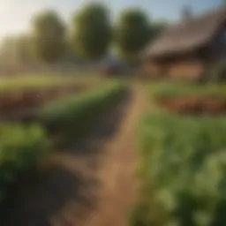 A vibrant small farm landscape showcasing diverse crops and livestock
