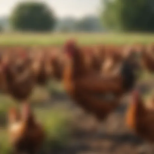 Rhode Island Red chickens foraging in a field