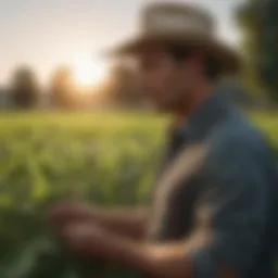 A farmer examining crops in a lush field under the sun