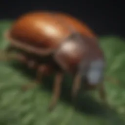A close-up view of a June bug on a leaf