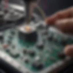 Close-up of an electronic circuit board with testing equipment