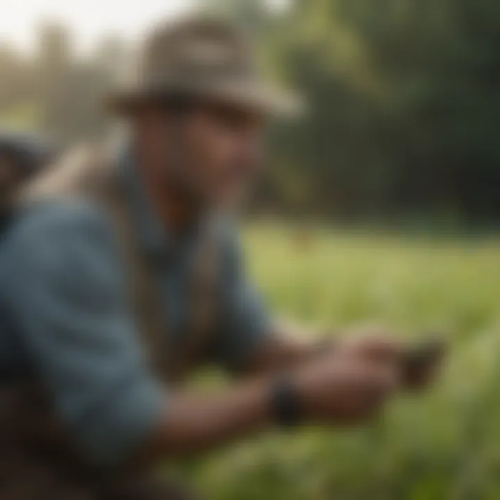 A farmer practicing integrated pest management in a lush field