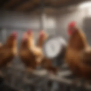 Thermostat in Poultry Heating Management Close-up of a thermostat controlling chicken house heat