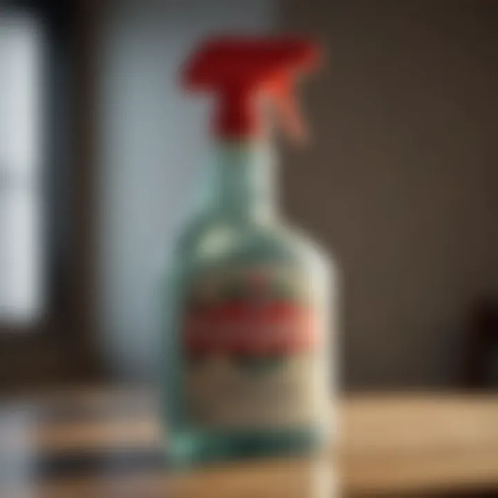 Close-up of a pest control spray bottle with safety instructions