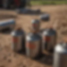 A close-up view of Raid insect bomb canisters in an agricultural setting.