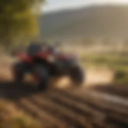 An ATV equipped with a high-capacity seed spreader in a vibrant agricultural landscape